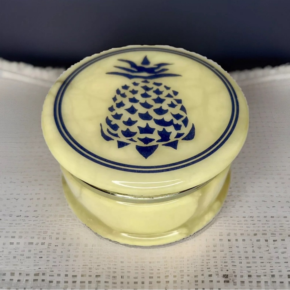 Vintage Hand Carved Italian Alabaster Stone Blue Pineapple Hinged Trinket Box